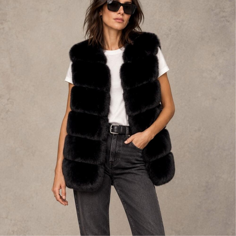 Anthropologie x Apparis L Maya Faux Fur Mink Vest $395 Long Coat Black NEW!